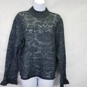 Anthropologie Sweater Lrg Hanna Lace Merino Wool Mock Neck Charcoal Ruffle Sheer